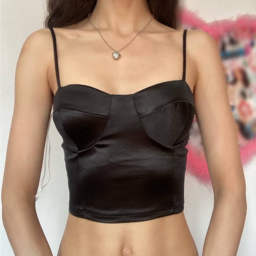 Black satin cropped corset top